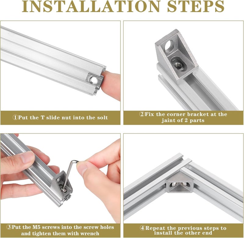 tchrules 20 Set Silver 2020 Series Aluminum Profile Connector Kit, 20pcs Corner Brackets with 40pcs M5 Screw Bolts and T Slide Nuts for 2020 Series Aluminum Profile Rail, T Slot Extrusion Accessories - Image 4